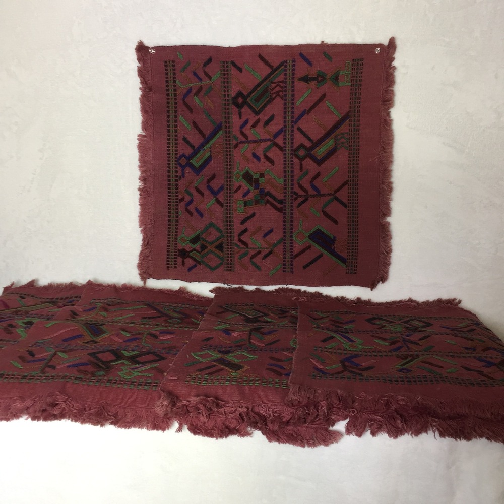 Vintage Embroidered Signed RR Table Placemats Set of  Five Red Aztec Decor *READ